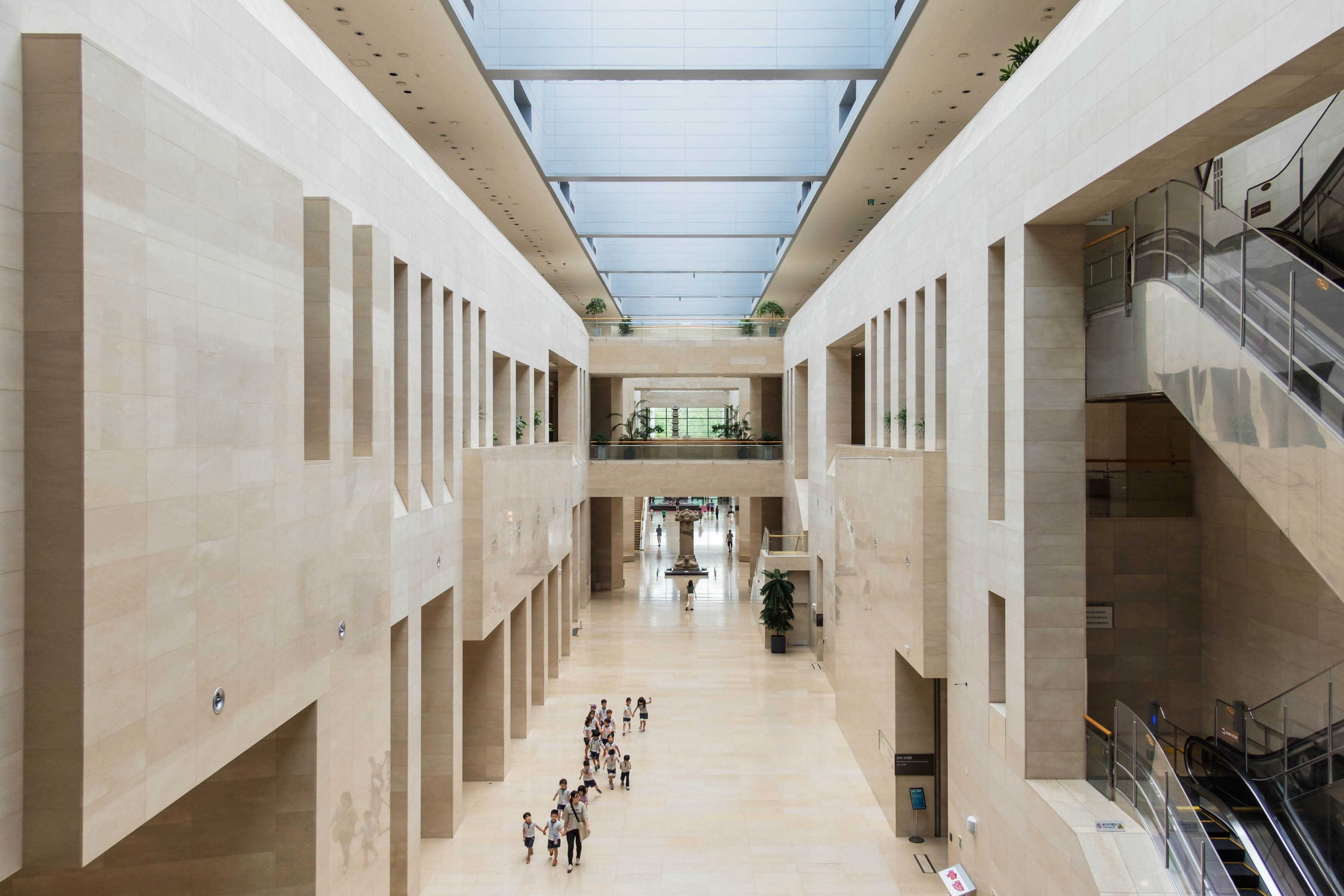 Wide view through the National Museum of Korea's main interior hall
