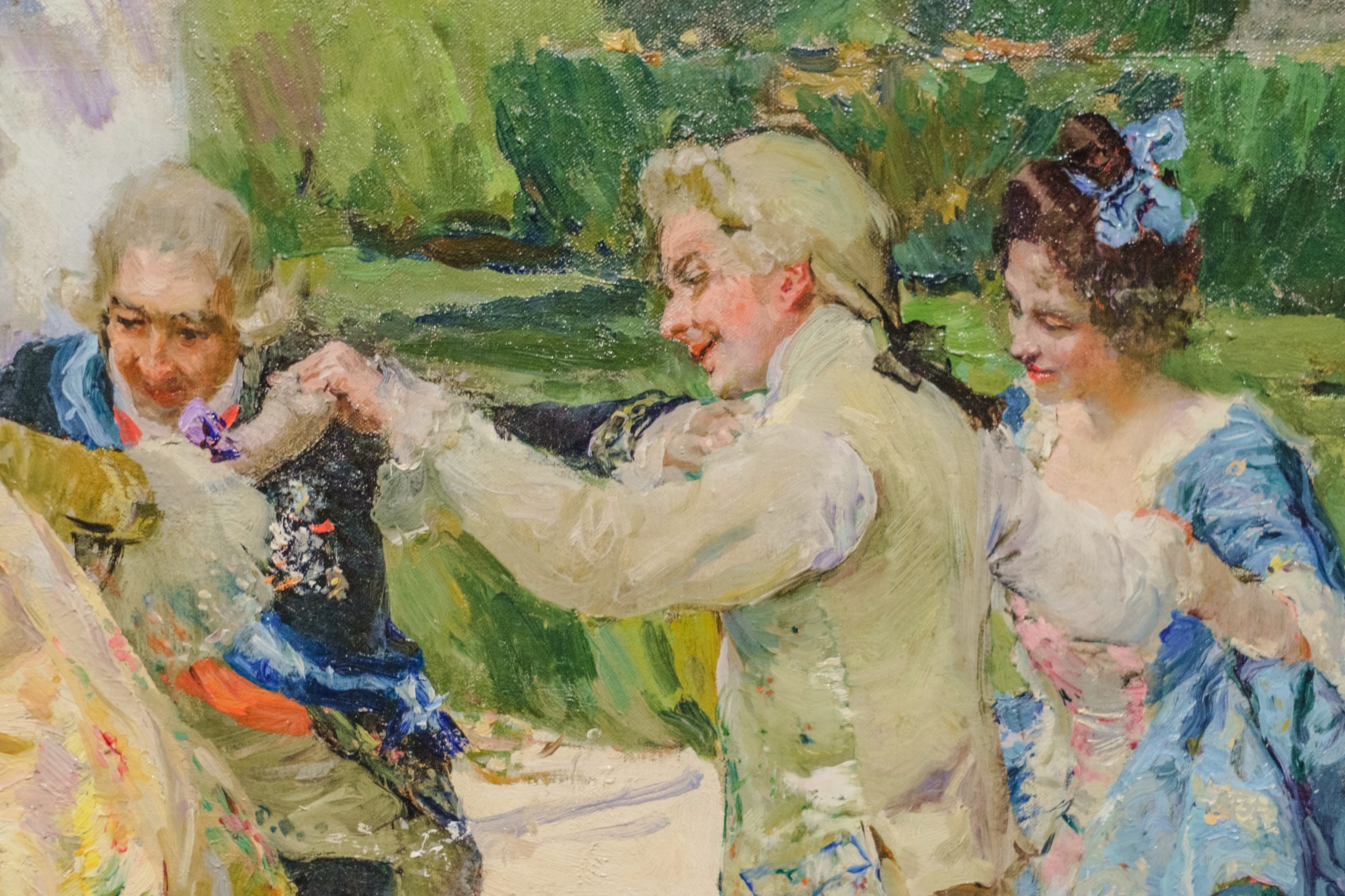 Painted figures gathered in a garden scene