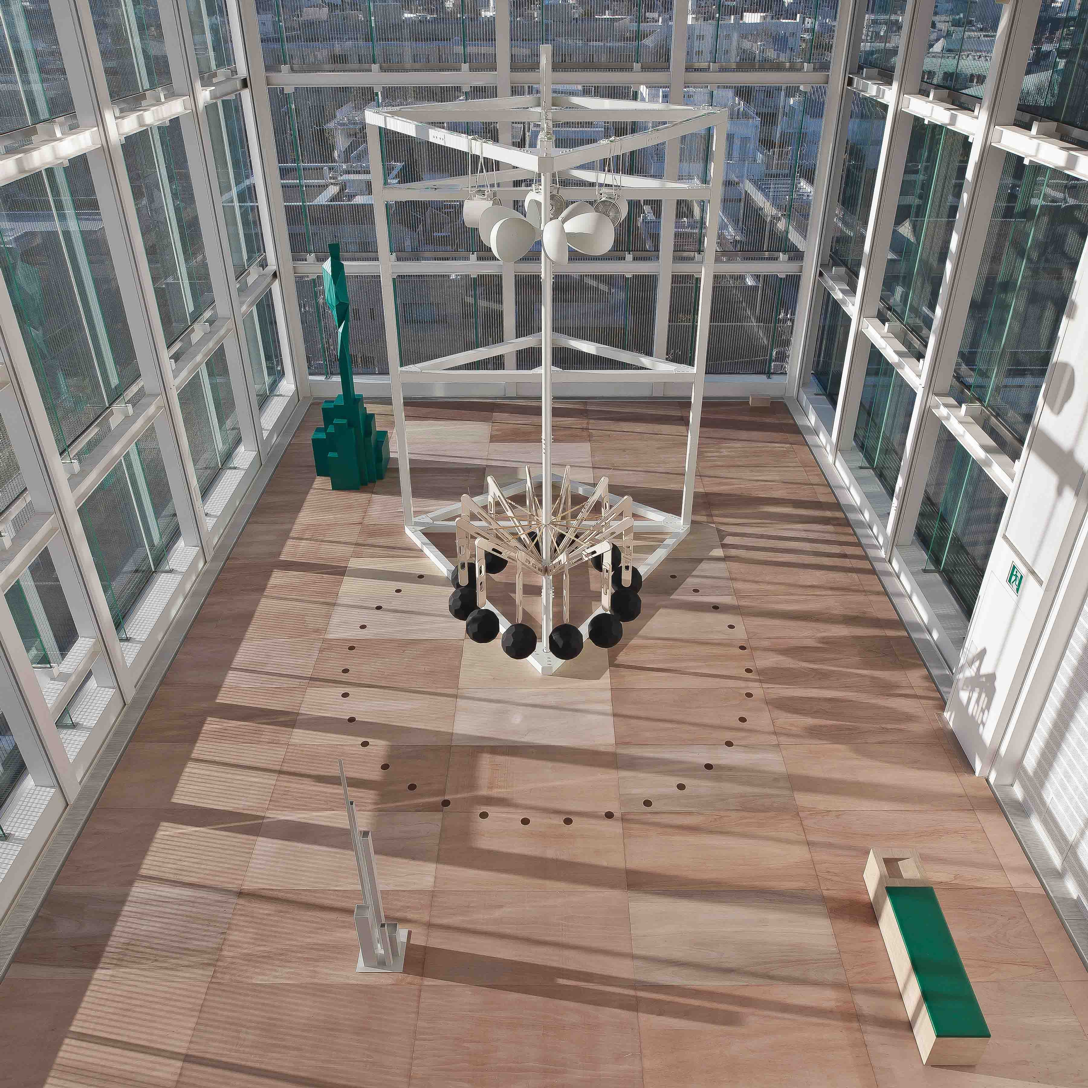 High-angle view of Xavier Veilhan's installation within the gallery
